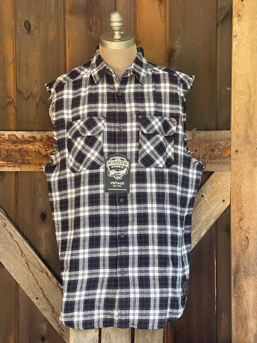 Hamm's HAPPY Hour Sleeveless Flannel- Black/Ivory Plaid